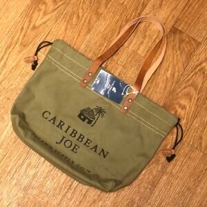 Caribbean Joe Green and Black Cotton Canvas Tote with Brown Leather Strap